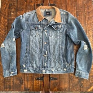 Distressed Denim Jacket with “Suede” Collar